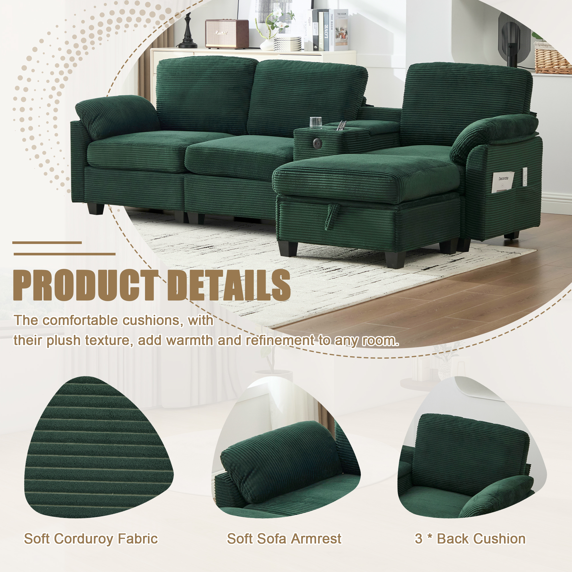 MOONMISS 105" L-Shaped Corduroy Modular Sectional Sofa with 1 Ottoman and Multi Functional Console, 3-Seater Upholstered Couch with USB and 2 Cup Holder, Easy Assembly, for Living Room,Emerald