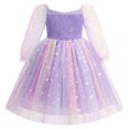 thumbnail image 2 of IBTOM CASTLE Girls Princess Long Sleeve Rainbow Party Tulle Dress 3D Flower Ruffle Mesh Dress Pageant Birthday Smocked Back Wedding Flower Girl Dress Rainbow Purple, 2 of 7