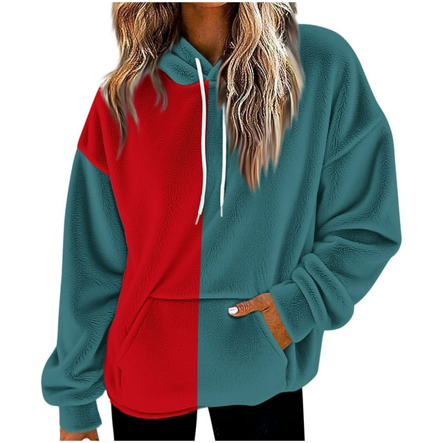 Women's Color Block Fuzzy Hoodie - Oversized Loose Fit Fall Winter Sweatshirt, Fashion Fluffy Sherpa Hoodie with Drawstring