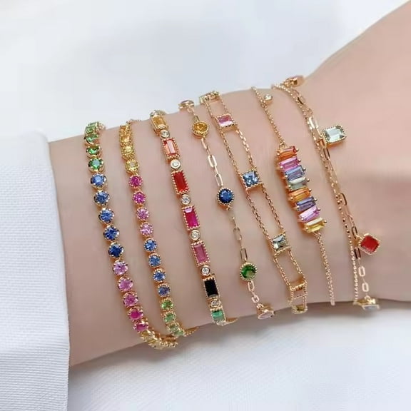 Elegant Baguette & Round Cut Lab-Created Multi-Sapphire and Moissanite Bracelet | Milgrain Bezel Set | 925 Sterling Silver | Timeless Jewelry Gift for Her