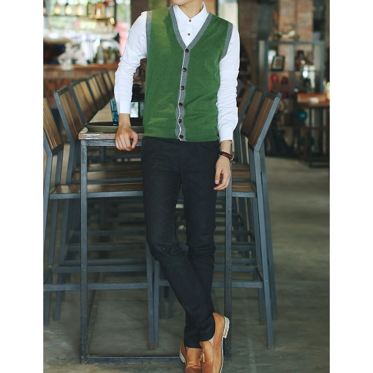 Toptie Men's V-Neck Slim Fit Casual Suit Vests-Style1 Green-2XL