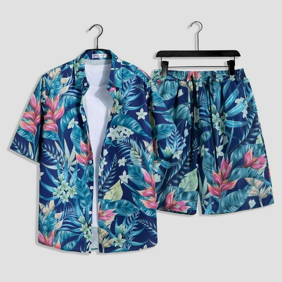 Mens Hawaiian Shirt and Shorts Set Tropical Floral Print 2 Piece Outfits Navy L