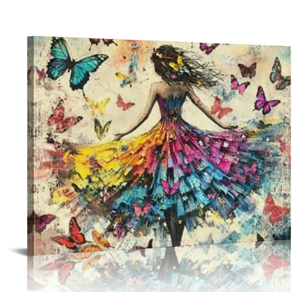 ZFLMY Girl butterfly wall art graffiti female picture wall decoration colorful vintage kids print painting artwork popular street home décor bathroom bedroom living room 16x12in