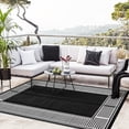 thumbnail image 2 of Waterproof Reversible Outdoor Rug–Modern Striped Plastic Straw Mat–Lightweight Collapsible Carpet – Easy Clean – Patio, Porch, Deck, Backyard, Camping, RV, Balcony – Black and White, 9x12ft (USA Spec), 2 of 8