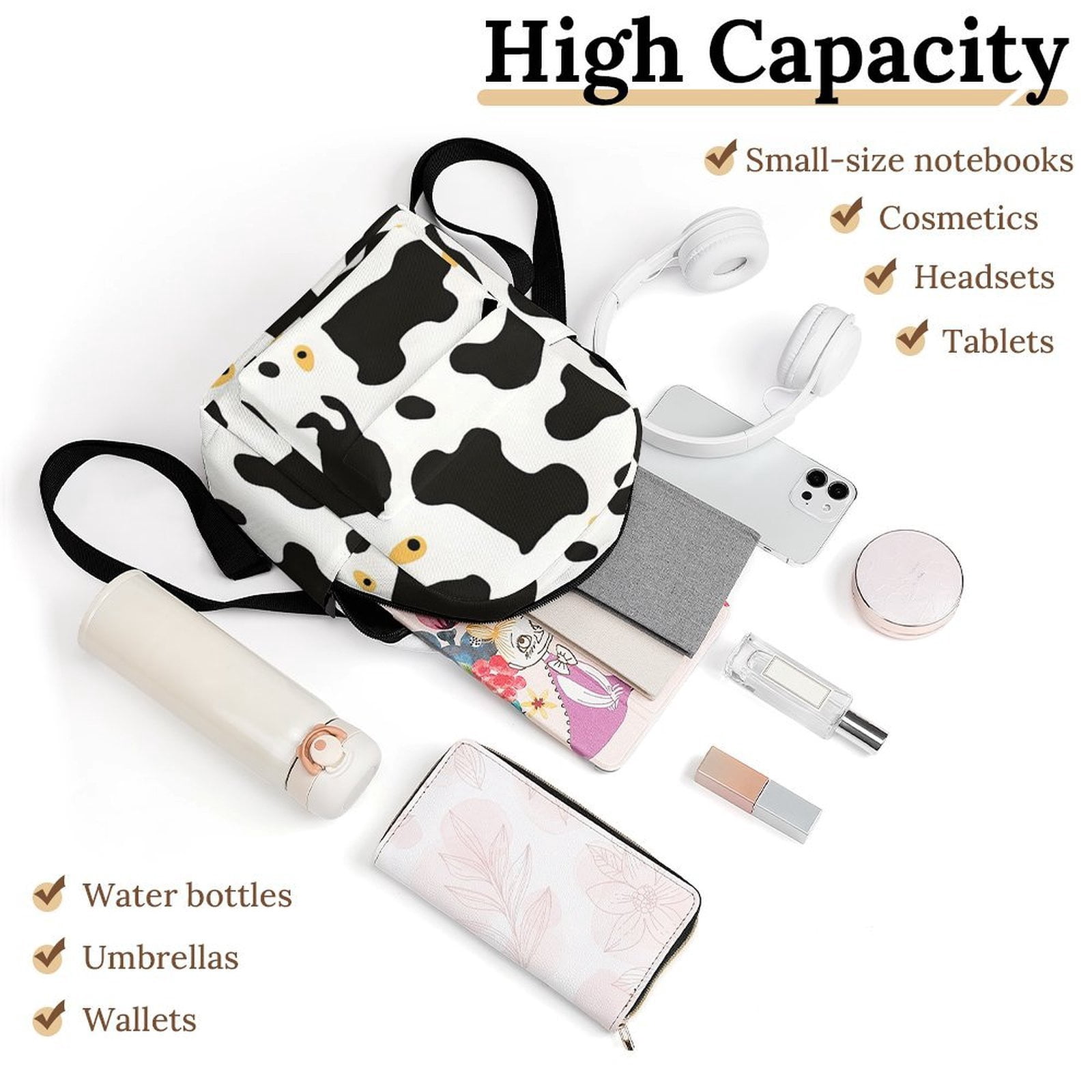 8.1×10in Casual Women'S Backpack With Anti-Contraction And Stretch For Sports Activities Travel Picnics Simple Cow Print Pattern1_4