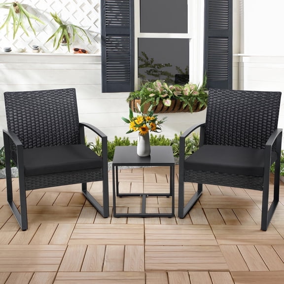 KROFEM  3 Piece Wicker Patio Bistro Set, All-Weather Rattan Conversation Set with Glass Top Coffee Table, Perfect for Balcony, Porch, Poolside, Black Frame with Black Cushion