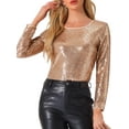 thumbnail image 1 of INSPIRE CHIC Blusa de lentejuelas doradas con escote redondo y mangas largas para fiesta, 1 of 5