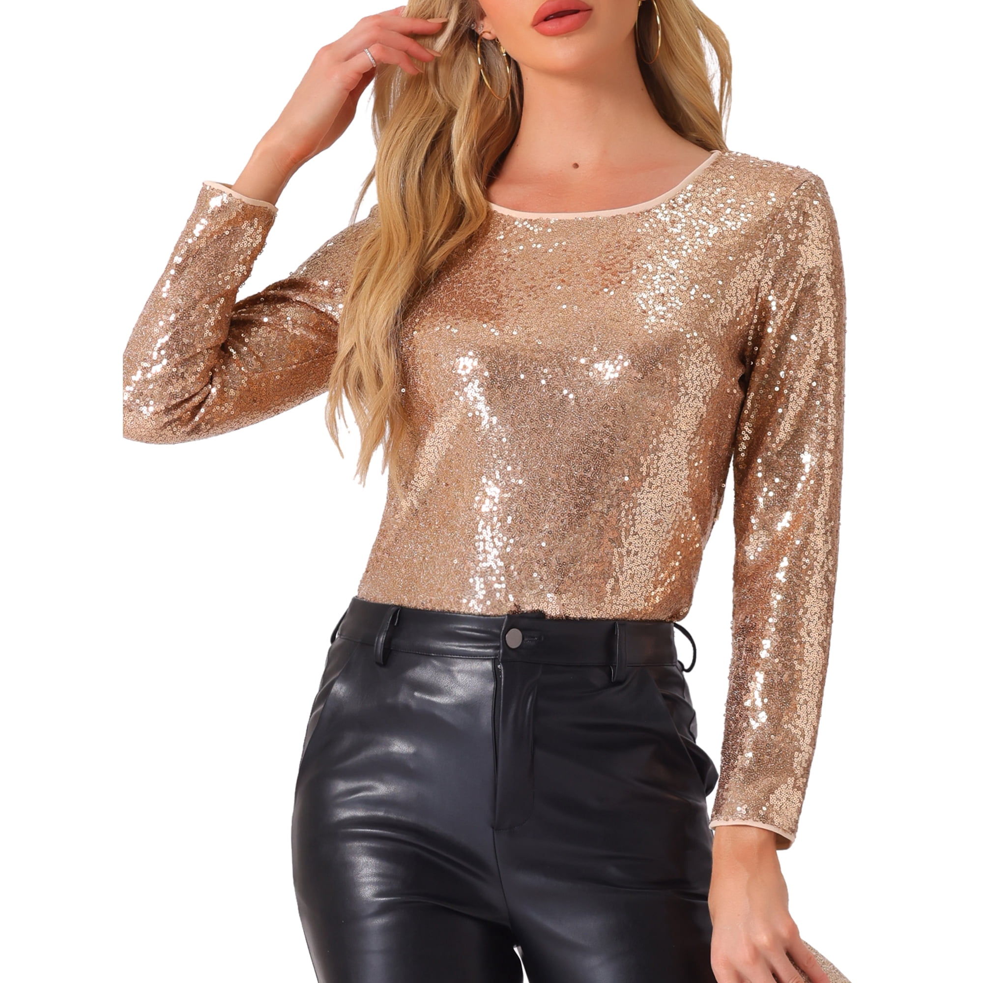 Unique Bargains Haut à Paillettes pour Femmes Col Rond Manches