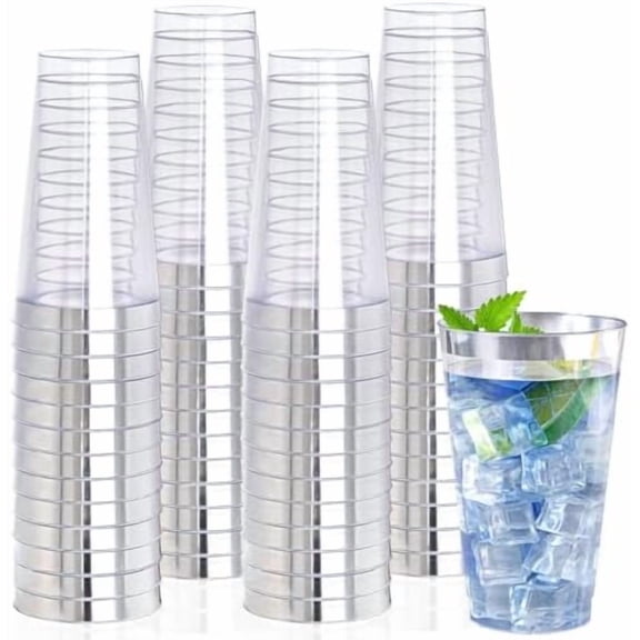 16 oz Silver Plastic Cups, 50 Pack Clear Plastic Cups,Silver Rimmed Disposable Cup, Heavy-duty Disposable Tumblers Perfect for Party, Holiday, Wedding & Birthday
