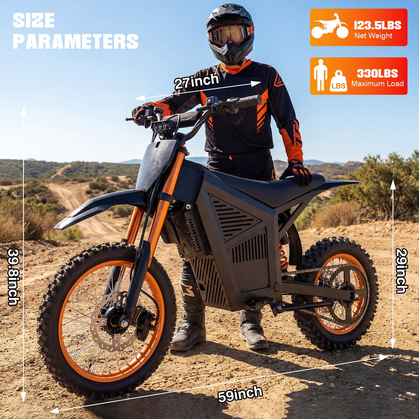 3000W Electric Dirt Bike for Adults 48V 21AH Motorcycle 35MPH Off-Road Vehicle High Carbon Steel Frame with Hydraulic Brakes UL2849