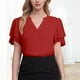 thumbnail image 5 of Tops de encaje para mujer,Camiseta de gasa con cuello en V para mujer, top informal de manga corta, detalle plisado, mangas con volantes, blusa lisa para uso diario, sopatenor, 5 of 9
