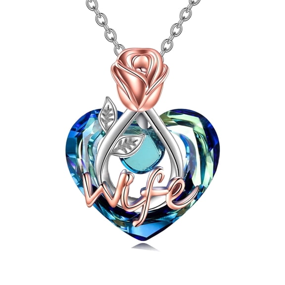 WINNICACA Blue Crystal Rose Flower Love Heart Wife S925 Sterling Silver Pendant Necklaces Jewelry Birthday Anniversary Mothers Valentines Day Gifts for Women