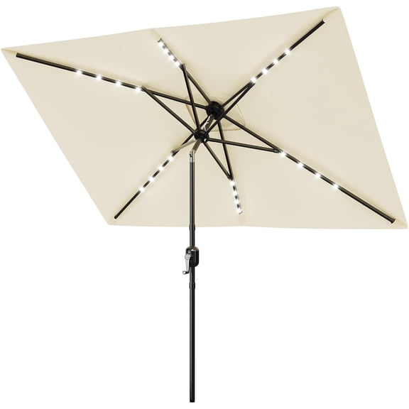 10' x 6.5' Solar Rectangular Patio Umbrella with Lights, Outdoor Table Umbrella with Crank and Push Button Tilt, Market Umbrella with 6 Sturdy Ribs Tilt for Garden, Deck, Lawn, Pool, Beige