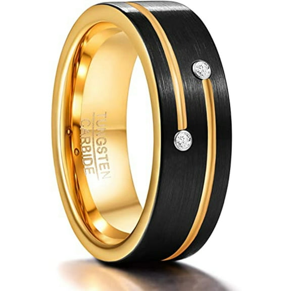 8mm Mens Gold Groove Tungsten Carbide Rings Black Brushed Wedding Bands with Cubic Zirconia Comfort Fit Size 7-12