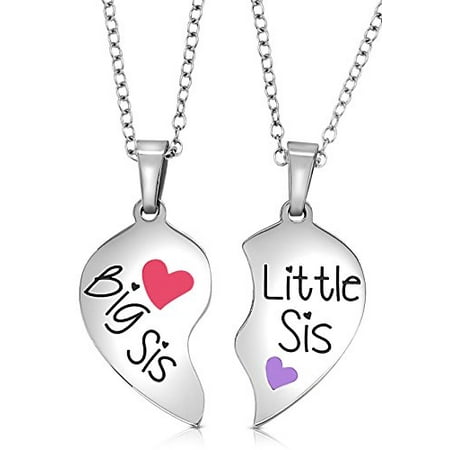 Big Sis Lil Little Sis Necklace for 2 Heart Halves Matching Sisters Jewelry Gift Set Best Friends - Sister Necklaces for 2 (Big Sis Pink - Little Sis