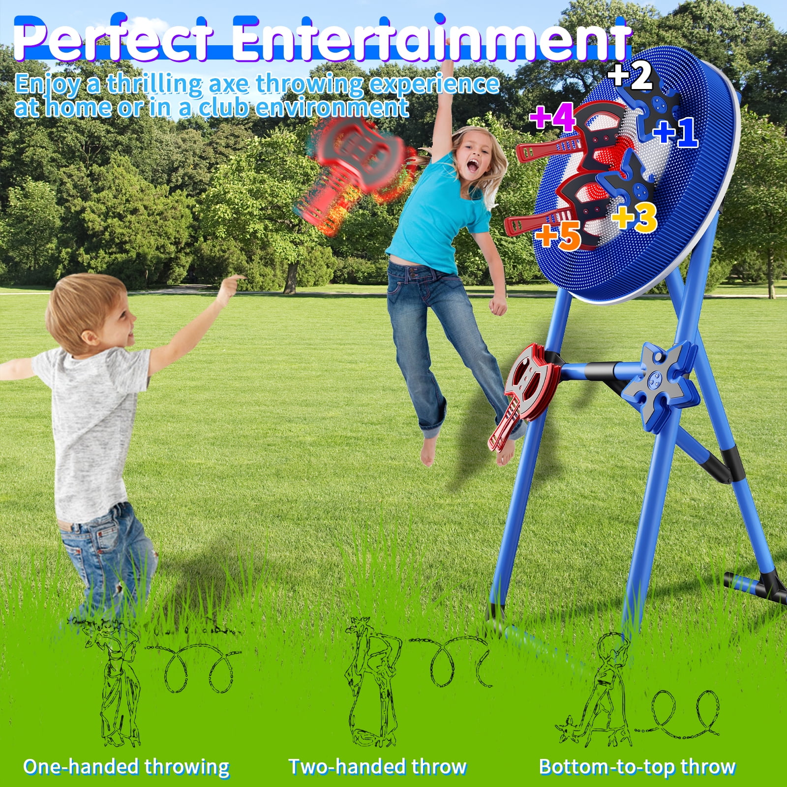 Family Axe Throwing Game with 4 Axes & 4 Darts for Kids & Adults,Axe Throwing Game for Backyard, Indoor &Outdoor,Yard Games,Carnival Games（Blue）