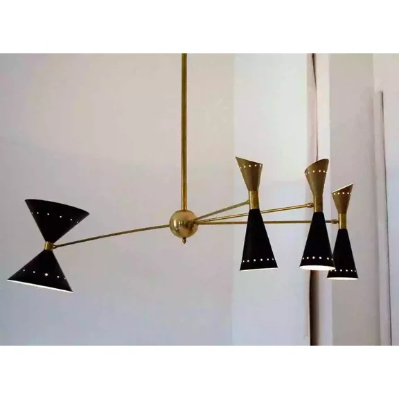 Four Arm Brass Asymmetrical Chandelier, Black Gold Pivot Shades, Stilnovo Style