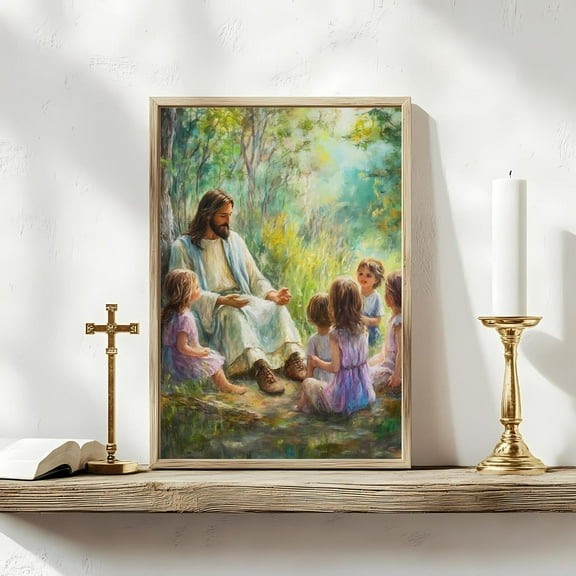 Jesus With Children Christian Art – Faith-Based, Gentle Bible Nursery Print, Spiritual Teaching Scene, Wall Art, Modern Wall Decor, 8x12 UNFRAMED