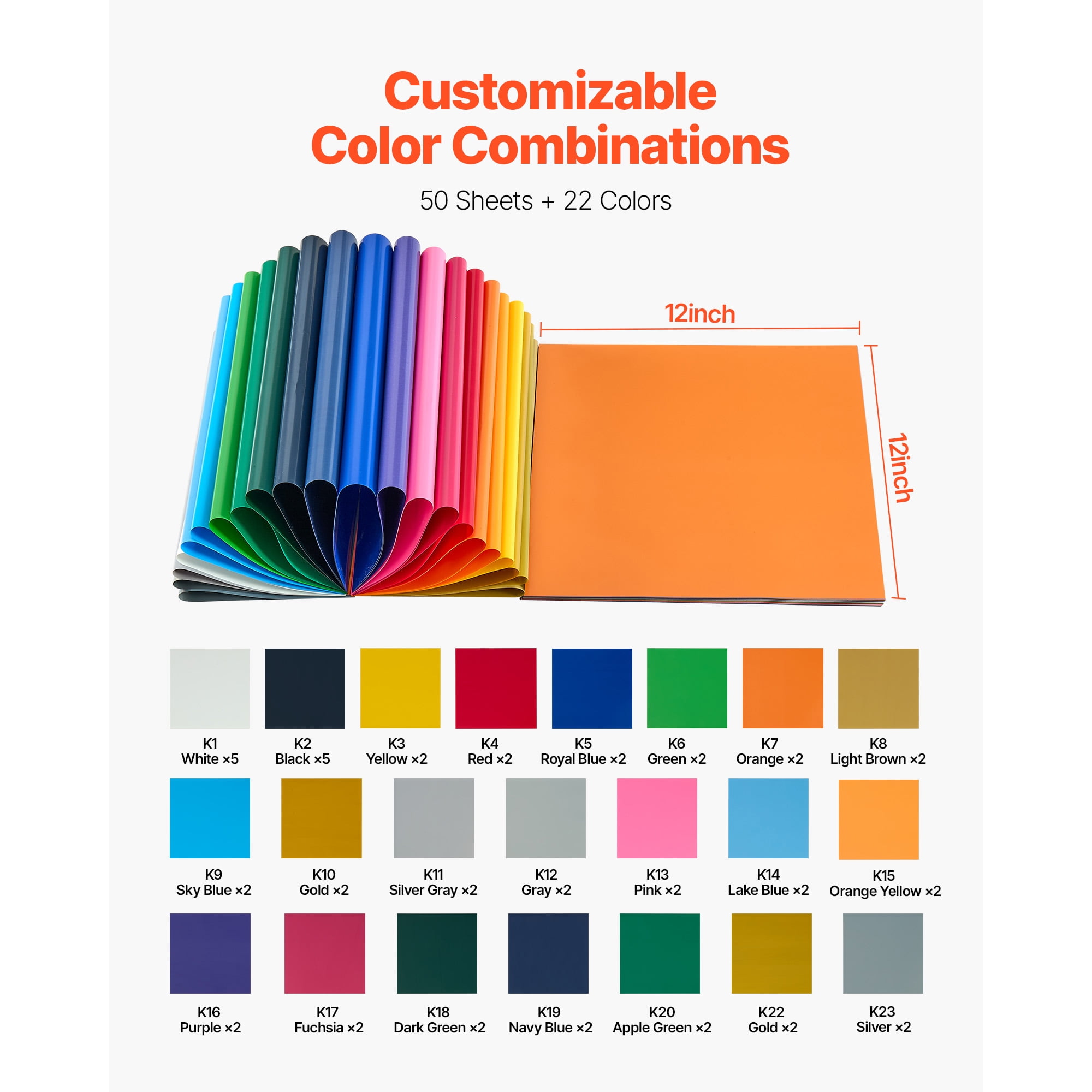 KFFKFF Heat Transfer Vinyl Bundle, 50 Sheets, 12 x 12 in, Assorted Colors, Easy to Cut and Weed, Includes Accessories, Compatible with Cutting Machines, Suitable for T-Shirts and Other Materials