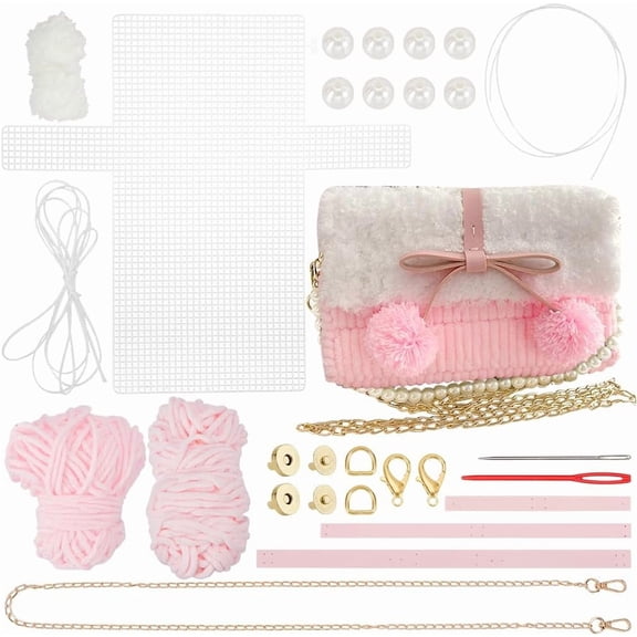 DIY Knitting Crochet Handbags Kit Imitation Pearl Knitting Crochet Bag Making Kit Blank Mesh Plastic Shoulder Bag Crafting Set for DIY Handmade Crochet Bag 8.6x1.9x5.1 Inch Pink Pink DIY