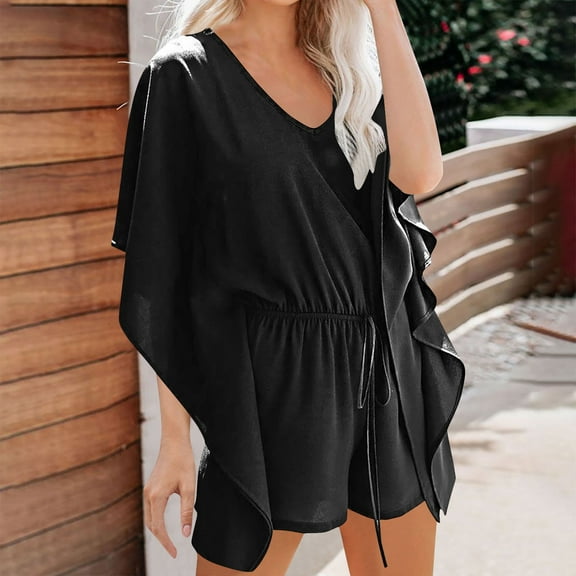 Zedker Summer Dresses for Women Ruffle Sleeve V Neck Midi Dress Casual Beach Sundress Bikini Beachwear Plus Size Black L