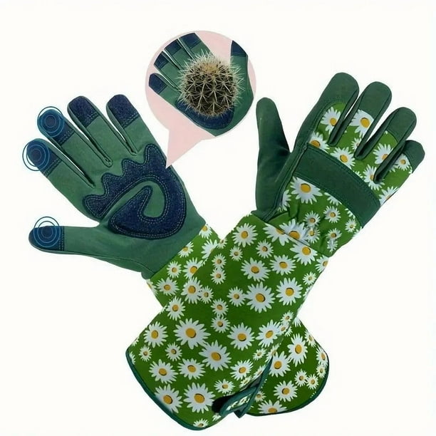 Guantes de jardinería de manga larga para mujer | Lona a prueba de espinas, Palma de poliuretano acolchada, Material transpirable, Protección extendida para el antebrazo, Puños ajustables, 1 par,