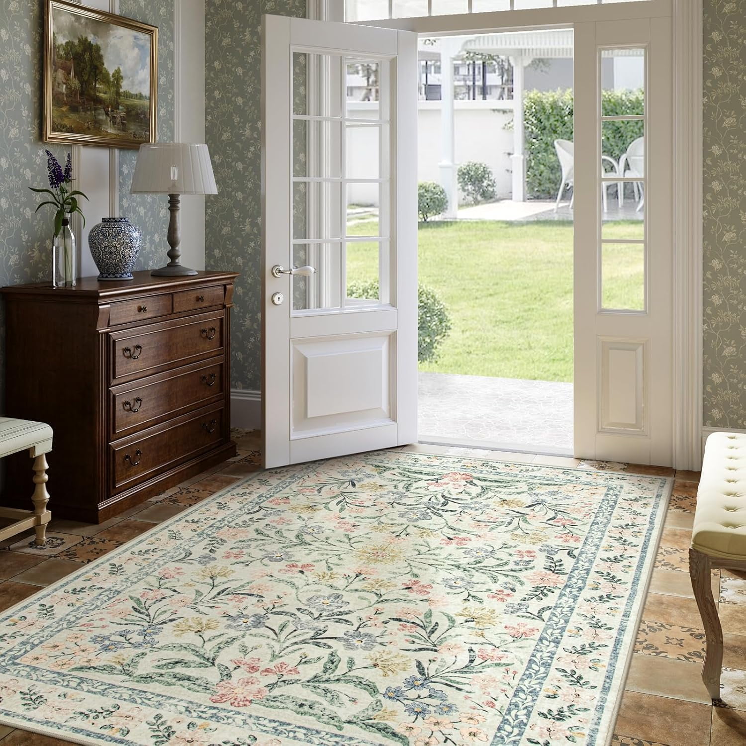 Moynesa 5'x7' Washable Rugs for Living Room, Boho Light Beige Floral Rugs for Bedroom Girls Non Slip, Soft Low-Pile Nursery Carpet Rug for Dining Room Indoor,Beige