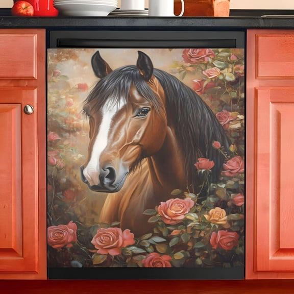 Ryvnso Horse Roses Flower Dishwasher Magnetic Refrigerator Magnet Cover Kitchen Home Decorative 23"x26"