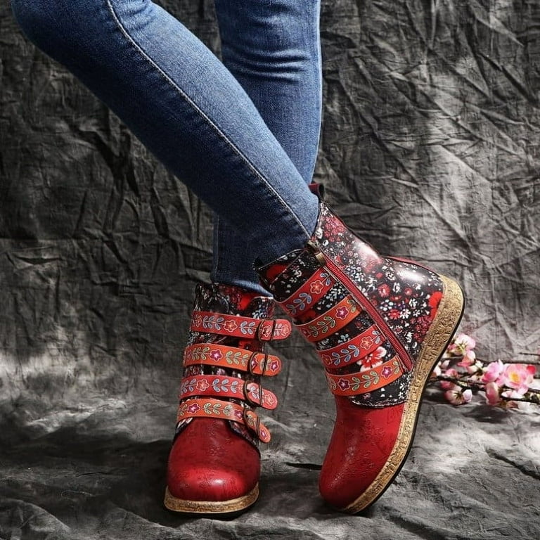Juebong Vintage Red Boots Large Printed Hiking Boots Winter Slip
