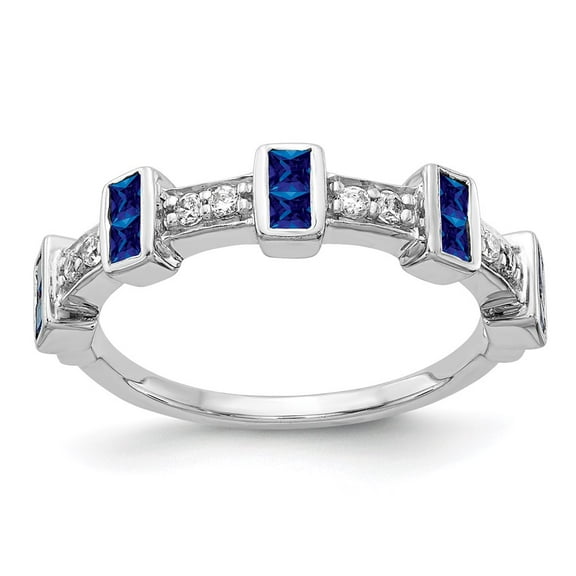 14K White Gold Ring Band Gemstone Sapphire Round Blue Diamond