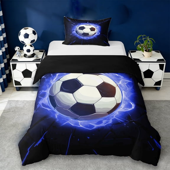 Erosebridal Soccer Ball Games Kids Twin Bedding,Black Blue Duvet Cover Set For Football Lovers,Reversible Black 2 Pieces,No Comforter