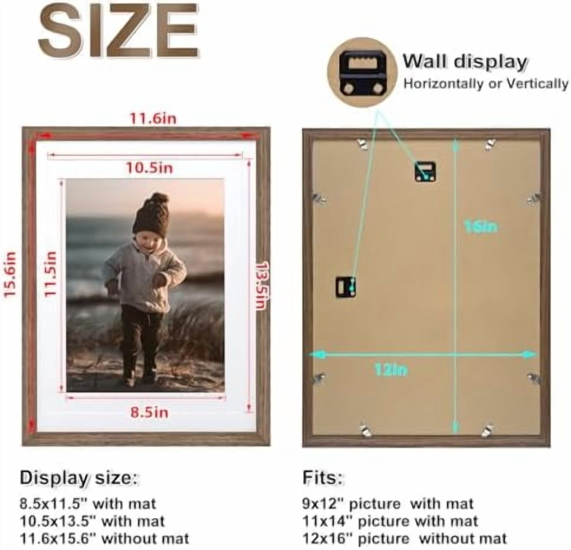 12x16 Picture Frame, Brown Wood Solid Wood Frame with Acrylic Plexiglass for Pictures 11x14/9x12 with Mat or 12x16 without Mat,Wall Mounting Display Photo Frame 1 Pack
