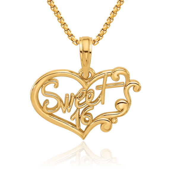 14K Solid Yellow Gold Sweet 16 Years Old Birthday Necklace Chain Pendant Charm