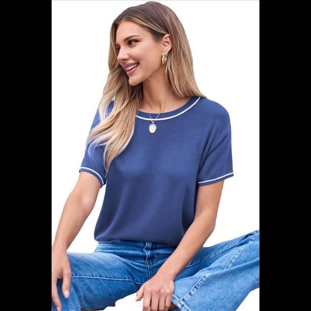Tops de Mujer, Camisetas Casuales de Corta A , Suéter de Punto con Cuello Redondo. Azul y XL