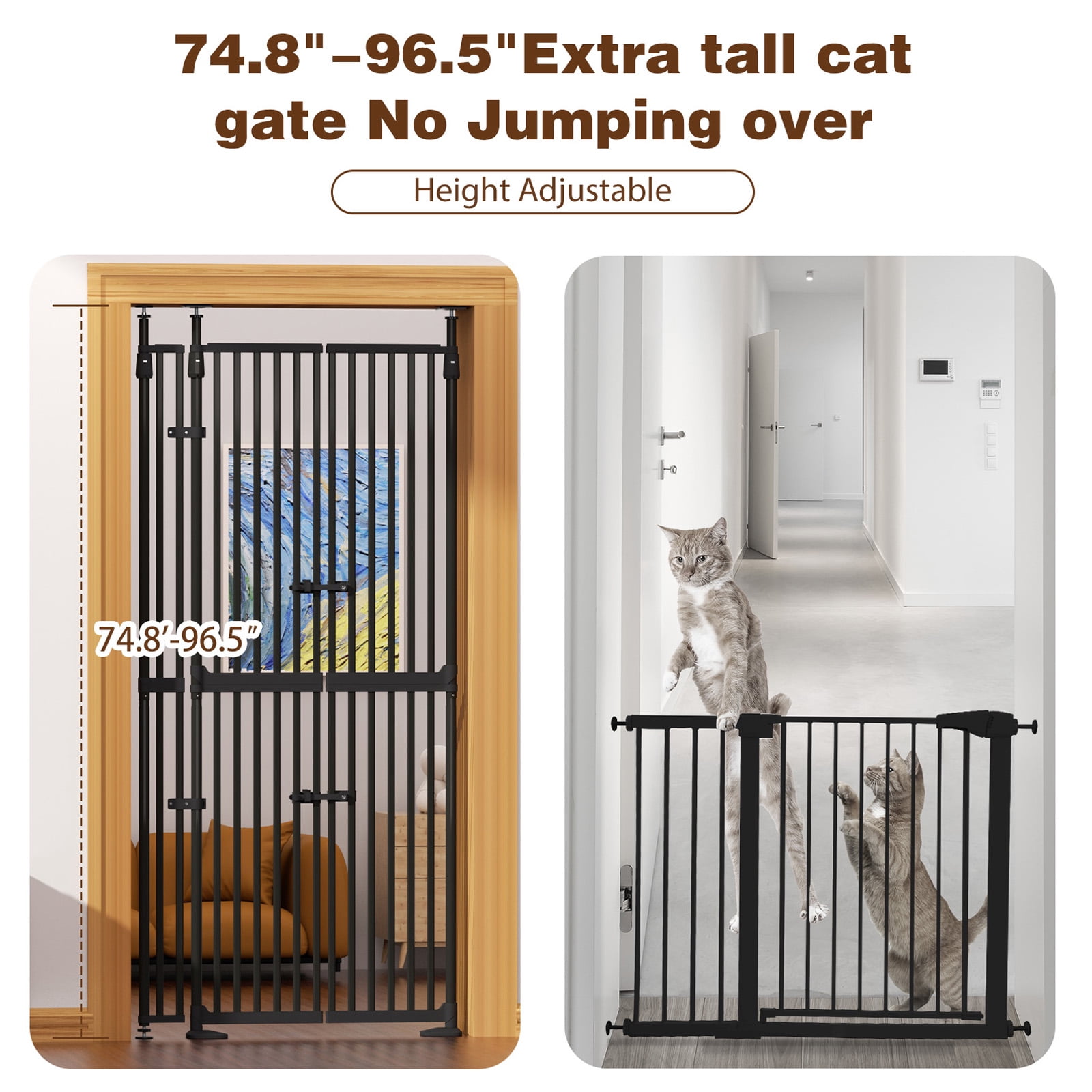 XJD 71" Extra Tall Cat Gate – Fits 30.31"-38.2" Wide Openings, Auto-Close, Narrow 1.37" Gaps, No-Drill Pressure Mount, Double Opening Design Pet Gate, White