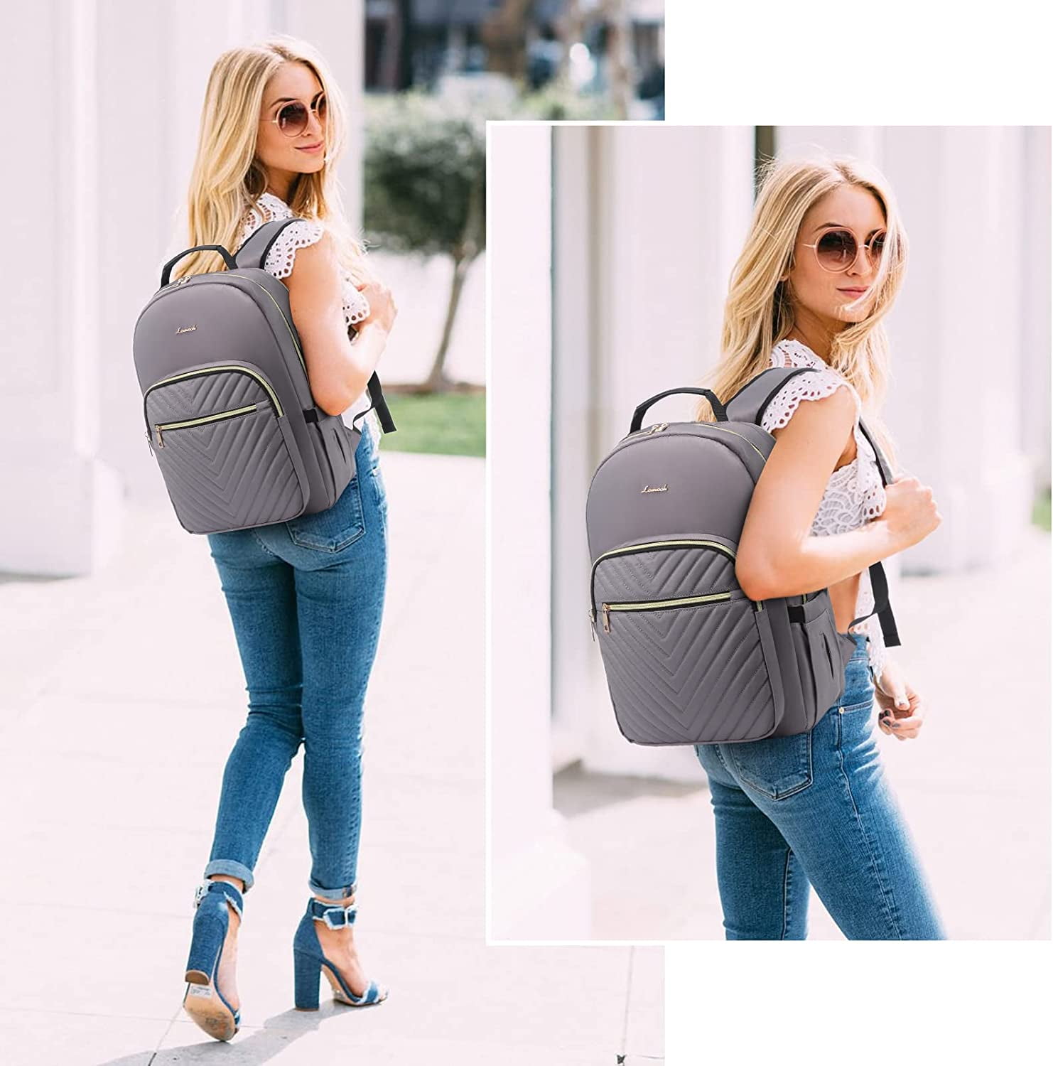 Lovevook Laptop Backpack for Women, 15.6" Quilted Travel Backpack with Anti-Thief Pocket, Teacher Backpack Book Bag Nurse Bag Purse with USB-Purple Gray