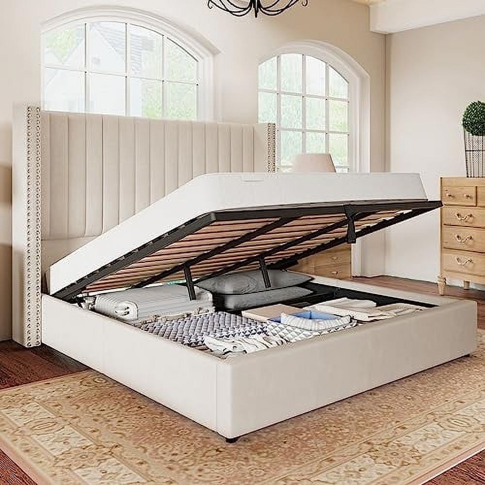 Merluxy King Bed Frame Lift Up Storage Bed, Velvet King Upholstered Bed Frame/Channel Tufted Wingback Headborad/No Box Spring Needed/Cream