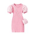 thumbnail image 6 of Fesfesfes Girls Short Puff Sleeve Ribbed Knit Dress with Matching Mini Crossbody Bag Round Neck A-Line Casual Summer Spring Outfit Ages 3-9 Years, 6 of 6