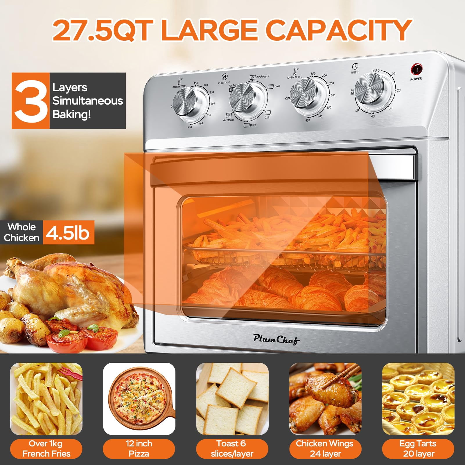 Plum chef 27.5QT 6-in-1 Air Fryer Toaster Oven Extra Large Dropdown-Door 6-Slice Convection Oven for Air Frying, Baking, Roasting, Broiling & Grilling, Stainless Steel Housing, Stainless Steel