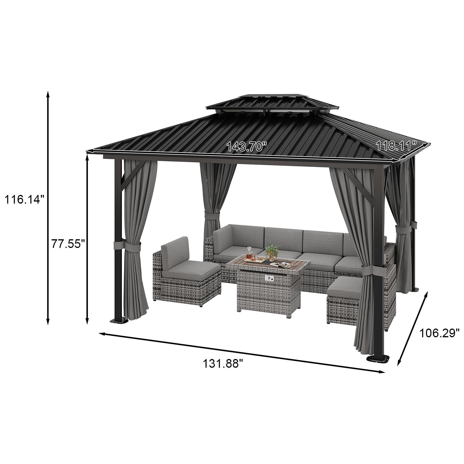 Sunmthink 10x12 ft. Hardtop Gazebos, Double Roof Galvanized Steel Outdoor Aluminum Frame Canopy with Netting and Curtains, Grey