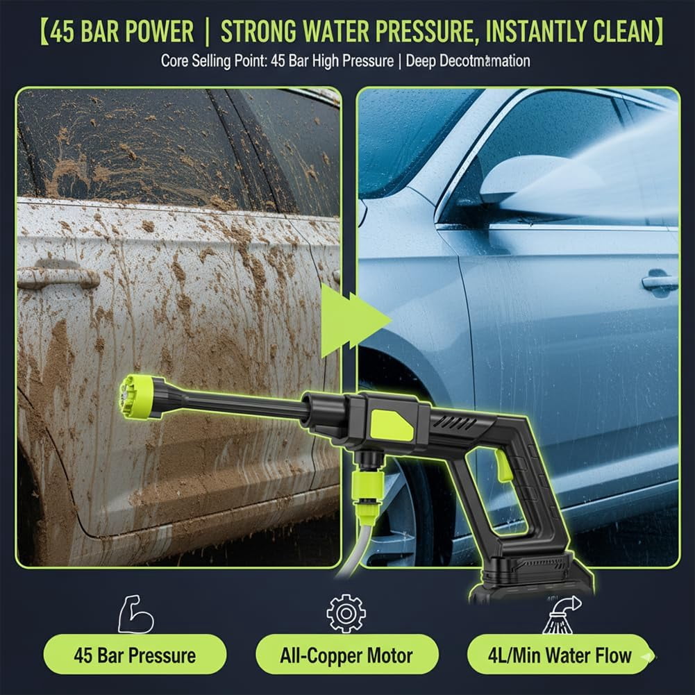 48V Cordless Pressure Washer, 6-in-1 Nozzle, Single Port Charger Base for Car Floor Patio Garden Cleaning(Q)