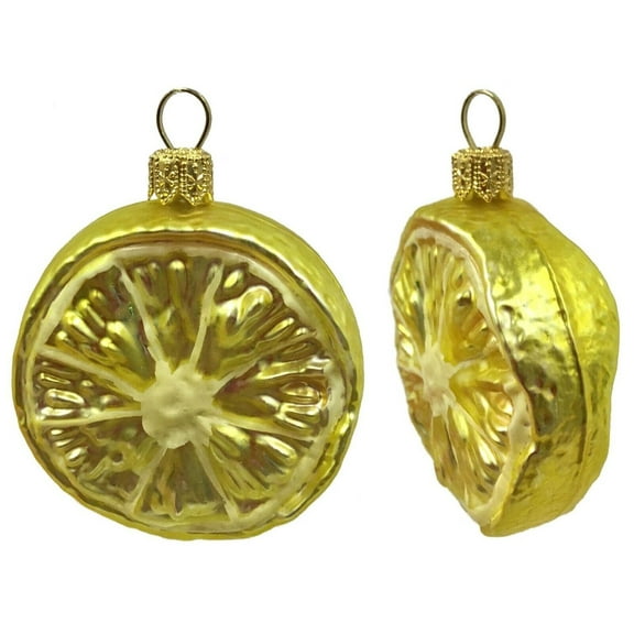 Slice of Lemon Citrus Fruit Polish Glass Christmas Tree Ornament Food Set of 2