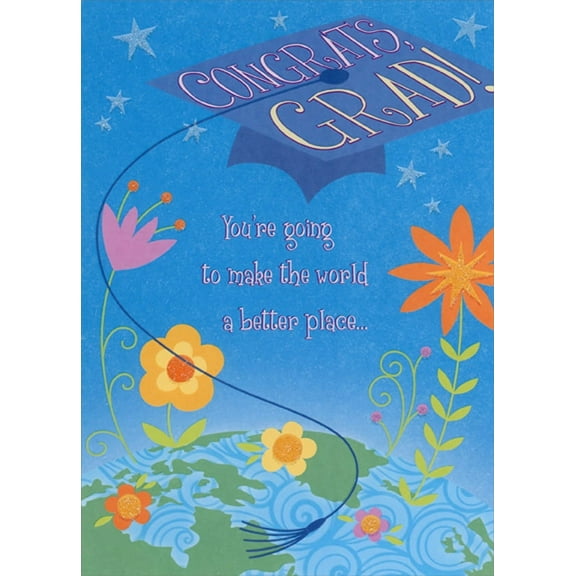 Designer Greetings Grad Cap : Long Winding Tassell : Make the World a Better Place Feminine Graduation Congratulations Card for Young Woman