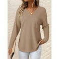 thumbnail image 4 of Womens Tops Waffle Knit Long Sleeve Notched V Neck Shirts Casual Trendy Solid Color Loose Blouses Camel XXL, 4 of 7