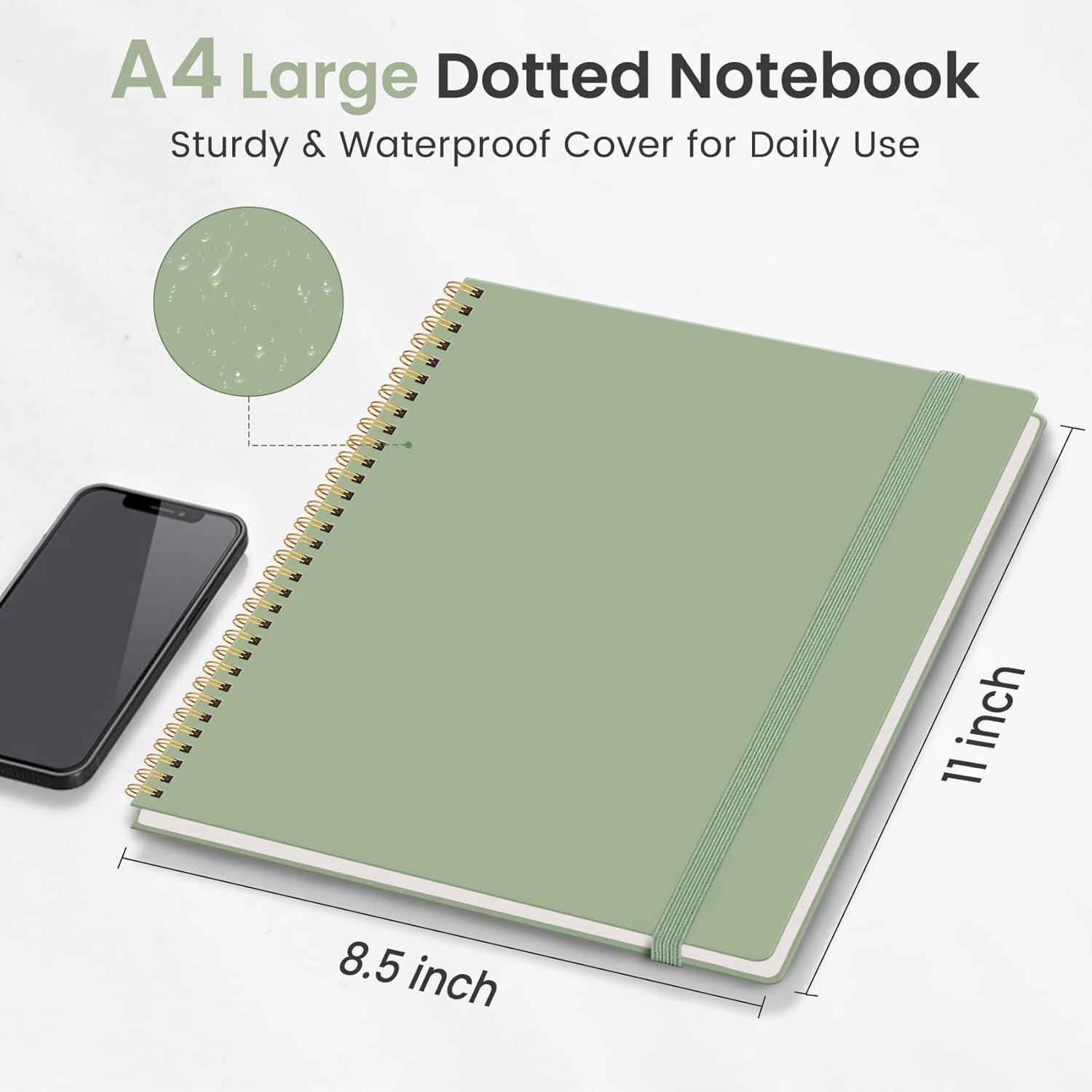 PrimeCook Shop Spiral Dotted Notebook, 8.5"x11" Notebooks for Work, Large A4 Journal for Women & Men, Bullet Dotted Journal, Journaling Notebook for Writing, Plastic Cover Spiral Journal, Green