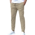 thumbnail image 2 of Men's Stretch High Multi Pockets Durable Pants Men Comfy Lightweight Drawsting Work Hiking Elastic Waist Stretch Comfy Work Dress Pants Beige L, 2 of 5