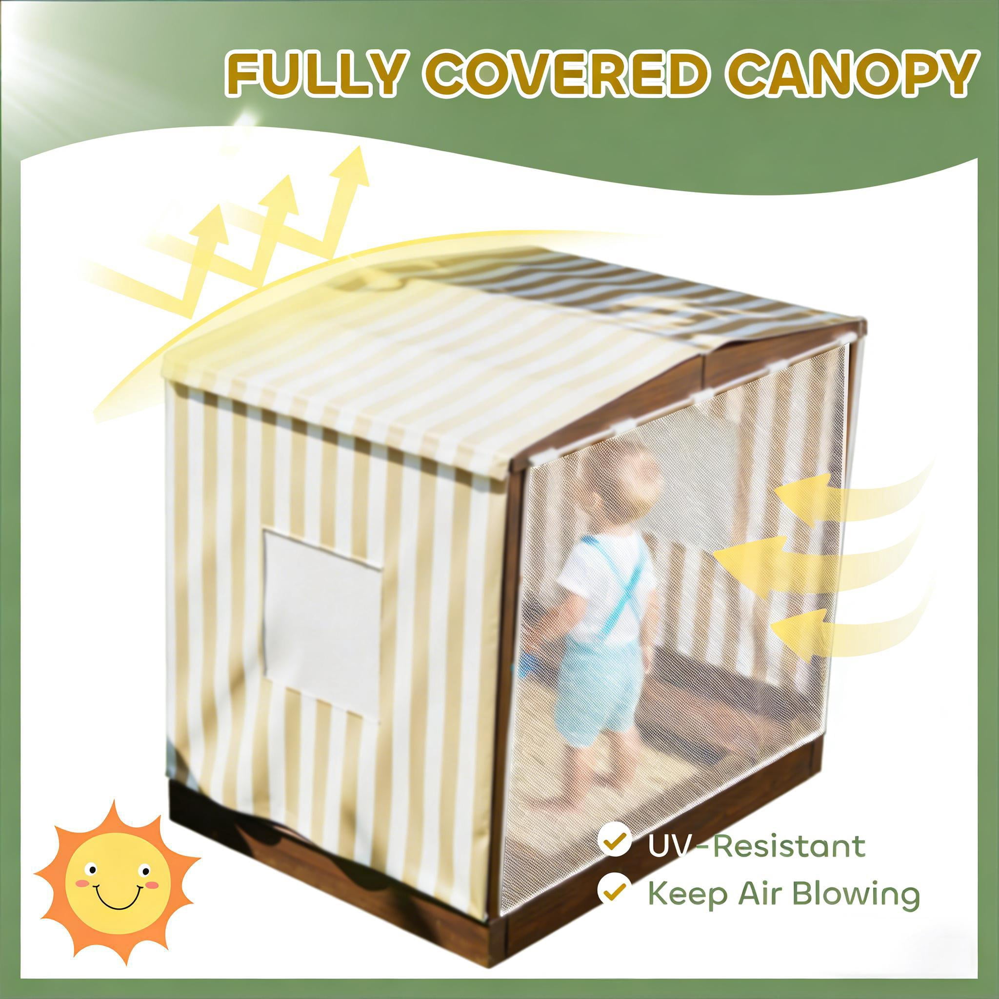Kids Wooden Sandbox with Full Canopy & Mesh Door, Outdoor Sand Pit with 4-Seat Benches & Under-Seat Storage, Bottom Liner Sandbox for Backyard Play, Ages 3-6