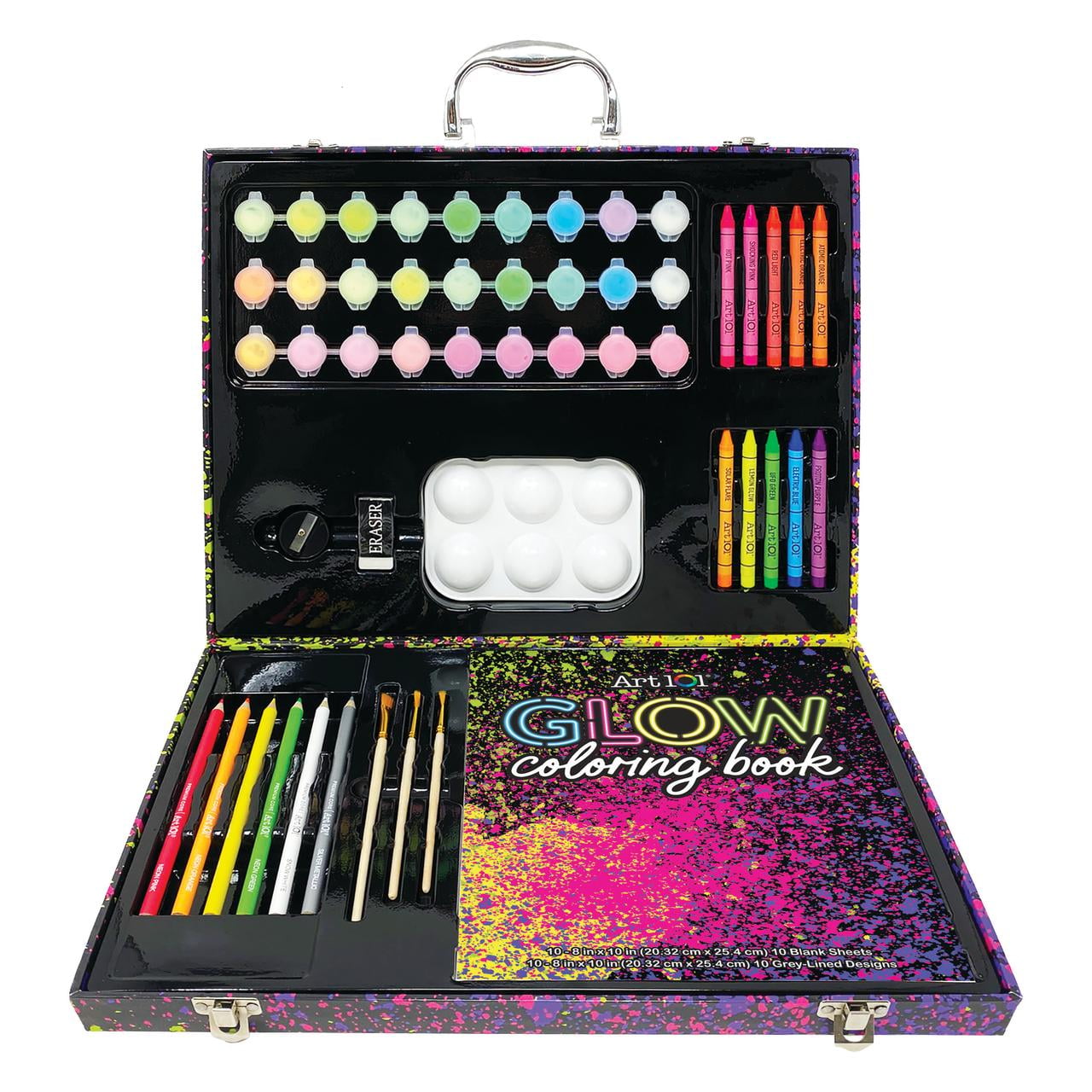 Art 101 Glow and Neon Drawing and Painting Art Set for Children and Adults, 61 Pieces, Multifunctional Set