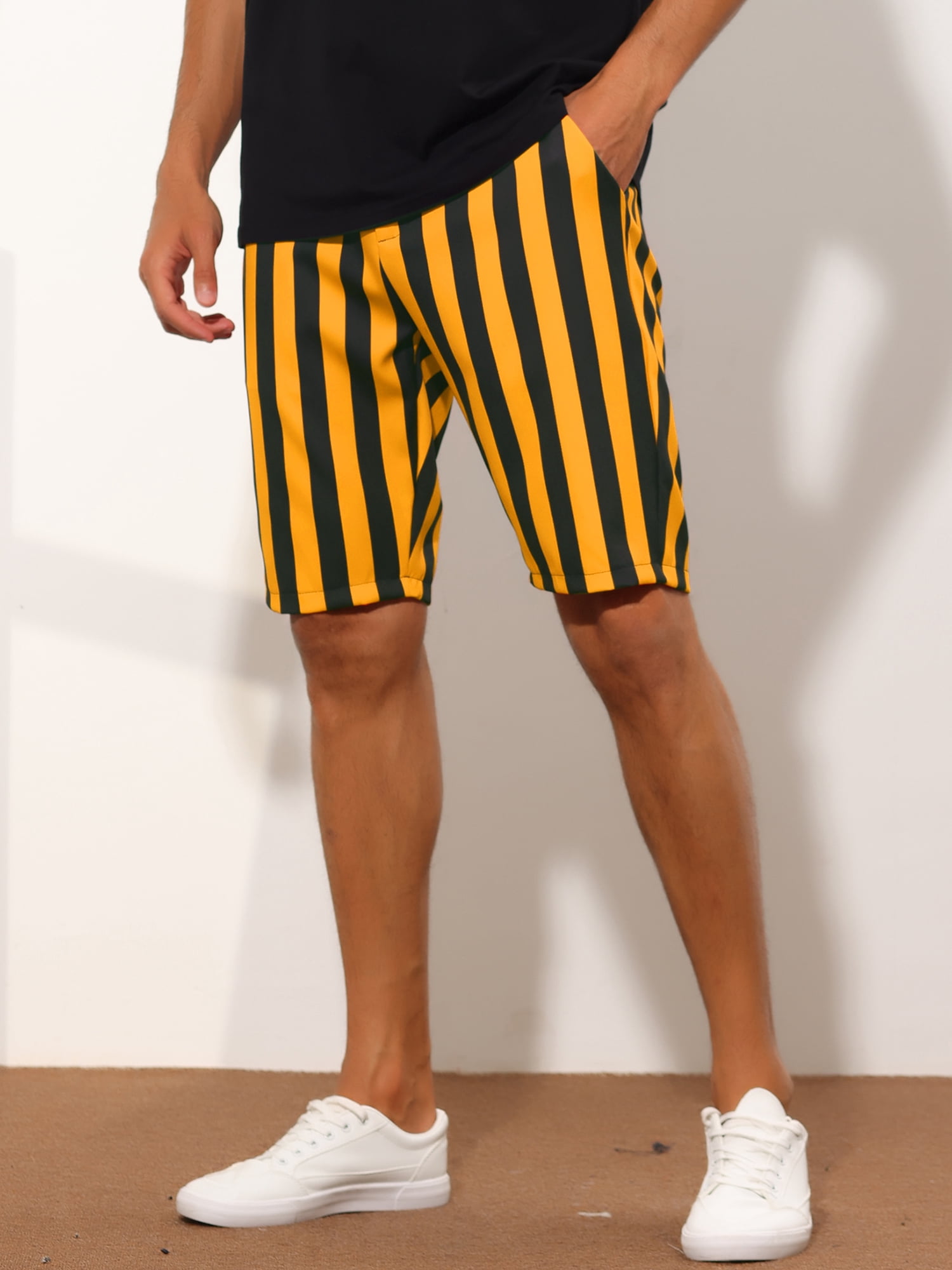 Unique Bargains Men's Striped Shorts Regular Fit Casual Summer Dress Chino Shorts 30 Yellow Black