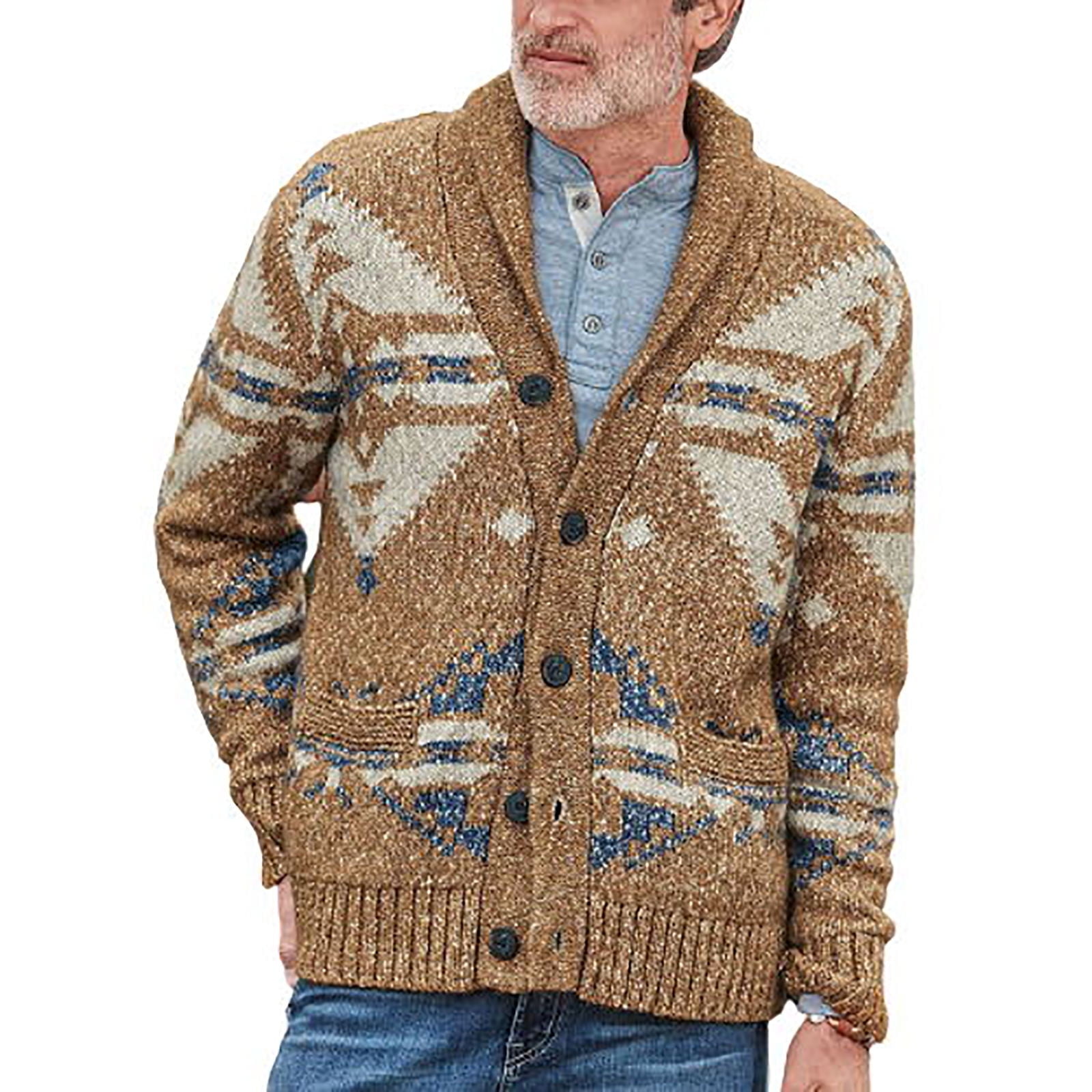 Men's Western Ethnic Aztec Cardigan Sweater Retro Shawl Collar Button Up  Knitwear Coat with Pockets